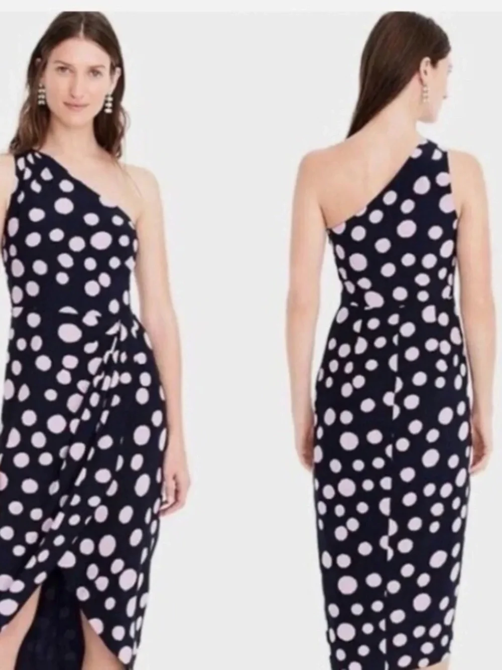 NWT J.Crew Silk One-Shoulder Polka Dot Midi Dress Navy Pink 4